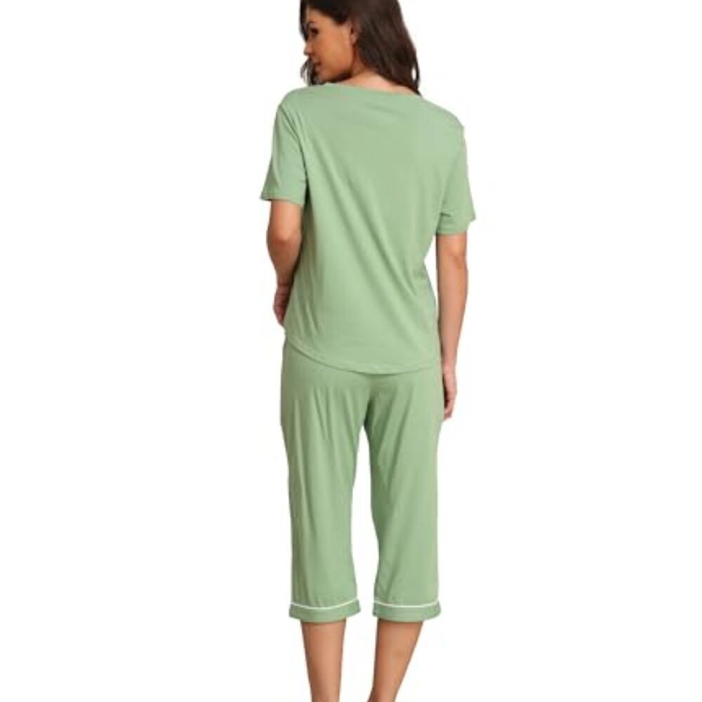Women's 100% Cotton Capri Pajama Set Short Sleeve Top & Pants - Picture 4 of 7